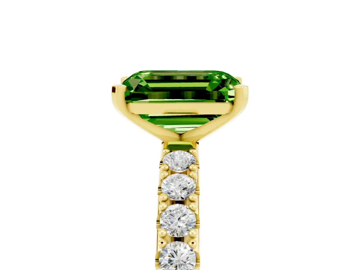 Emerald Cut Peridot Solitaire Pavé Band with Four-Prong Setting Yellow gold