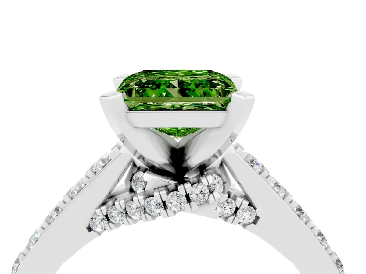 Princess Cut Peridot Solitaire Ring with Crossover Gallery and Round Pavé Band Silver
