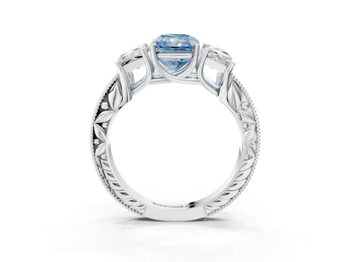 Fancy Blue Three-Stone Radiant Cut Cut Milgrain Pavé Engagement Ring Platinum