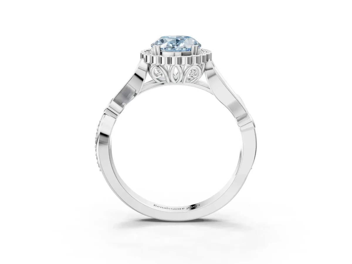 Fancy Blue Oval Cut Diamond Halo Ring with Vintage Split Shank and Four-Prong Setting Silver