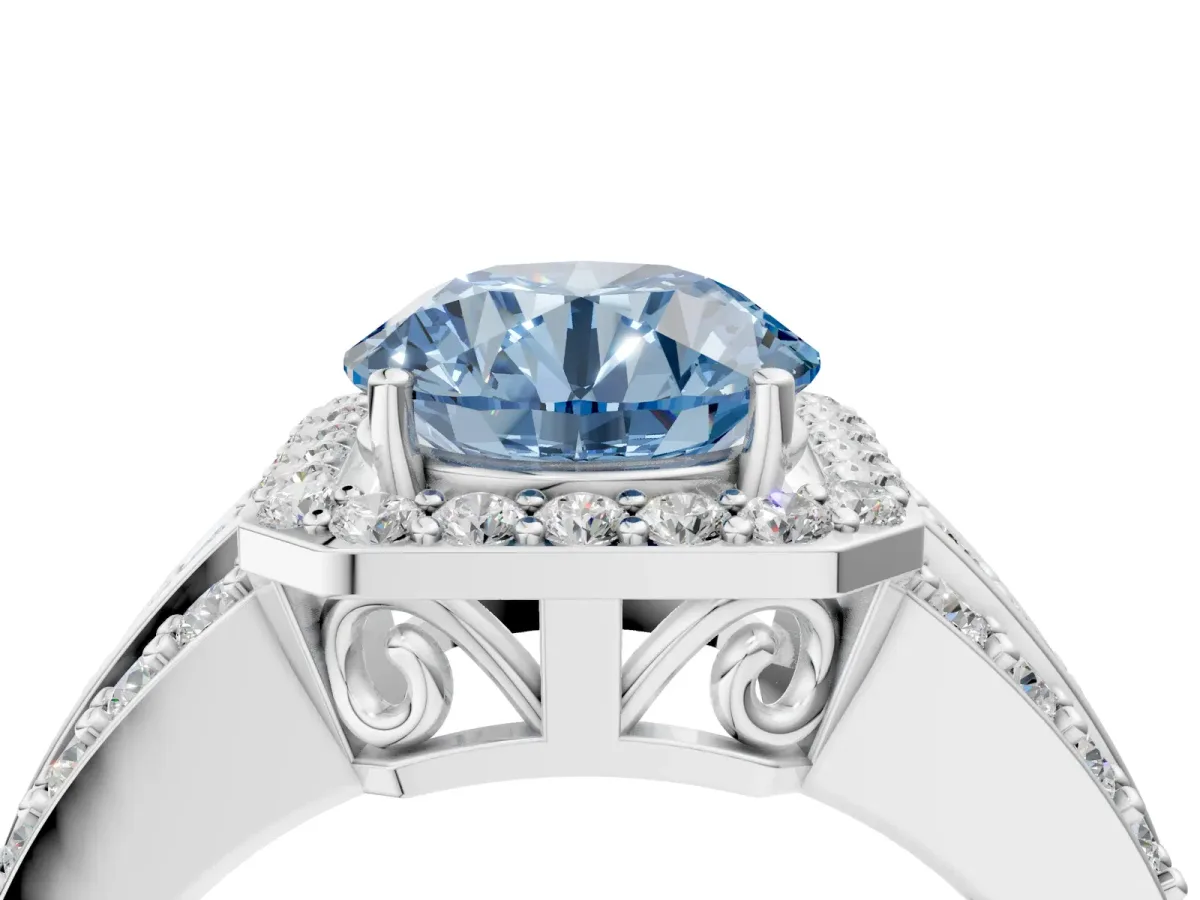 Fancy Blue Round Cut Halo Diamond Ring with Round Split Shank and Prong Setting White gold
