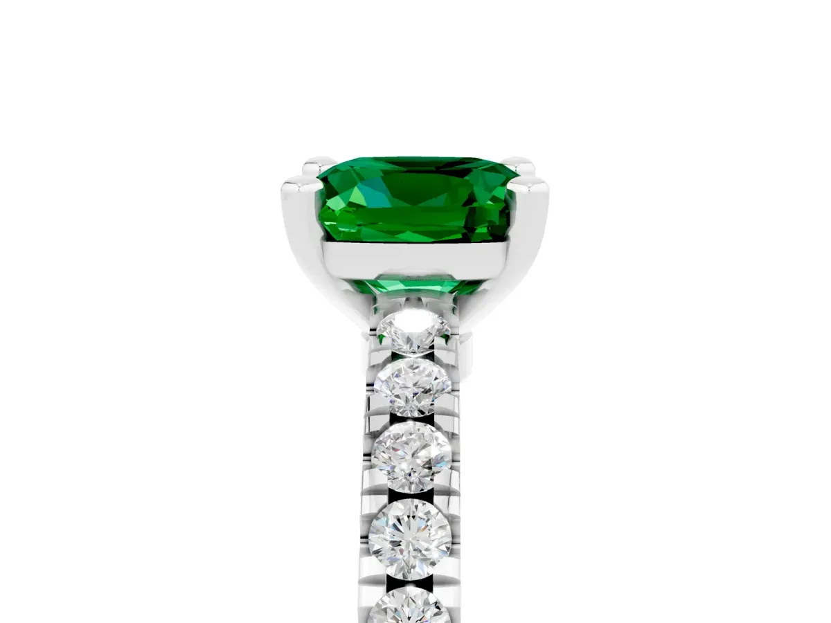 Cushion Cut Solitaire Emerald with Pavé Band and Four-Prong Setting Silver