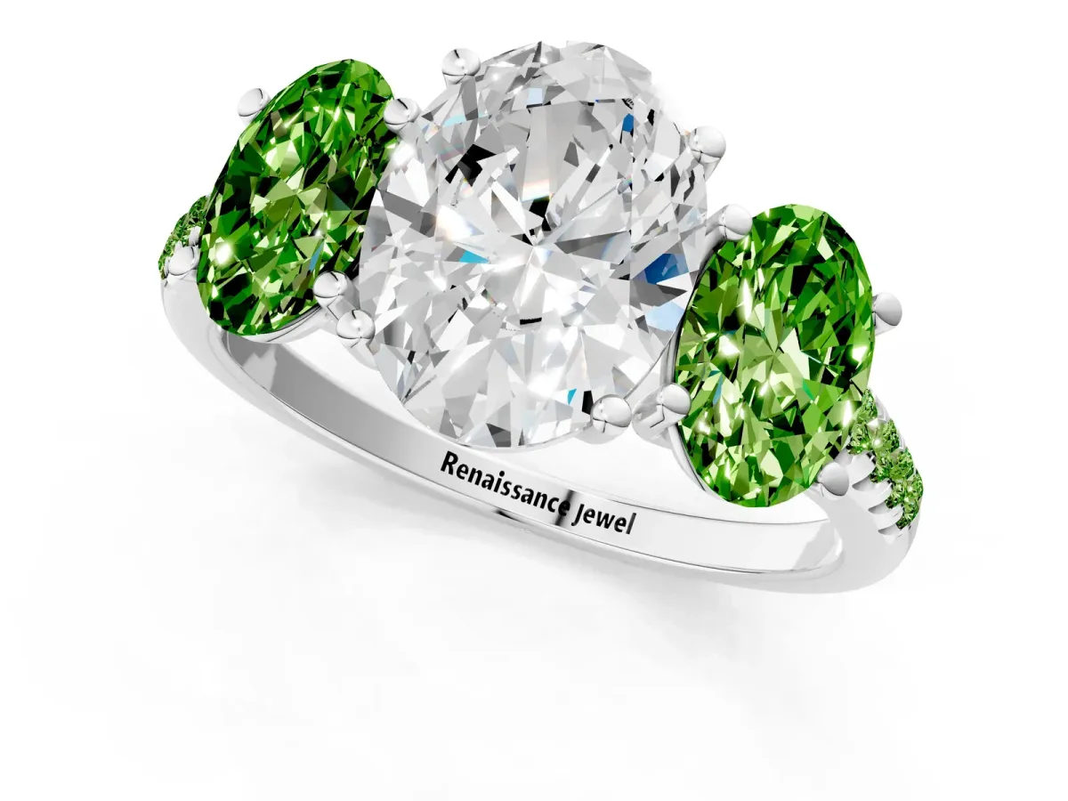 Three-Stone Oval Cut Diamond Ring with Round Peridot Pavé Band and Prong Setting Silver