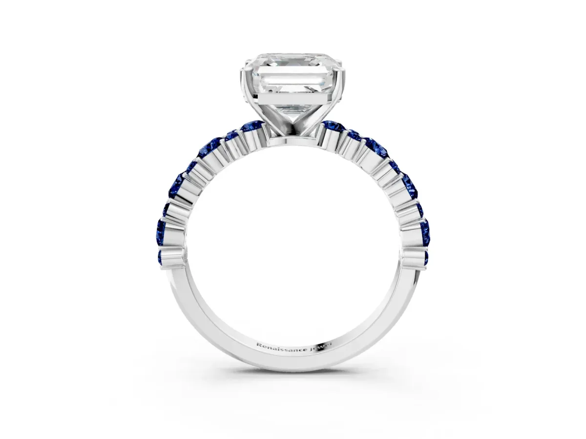 Asscher Cut Diamond Side Stone Solitaire Ring with Round Blue Sapphire and Four-Prong Setting Platinum