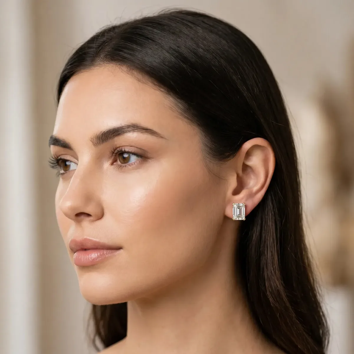 Emerald Cut Diamond Stud Earrings Yellow gold