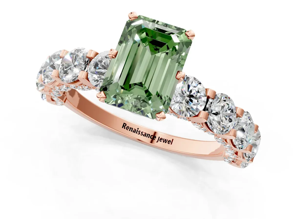 Fancy Green Emerald Cut Diamond Side Stone Engagement Ring with Four-Prong Setting Rose gold