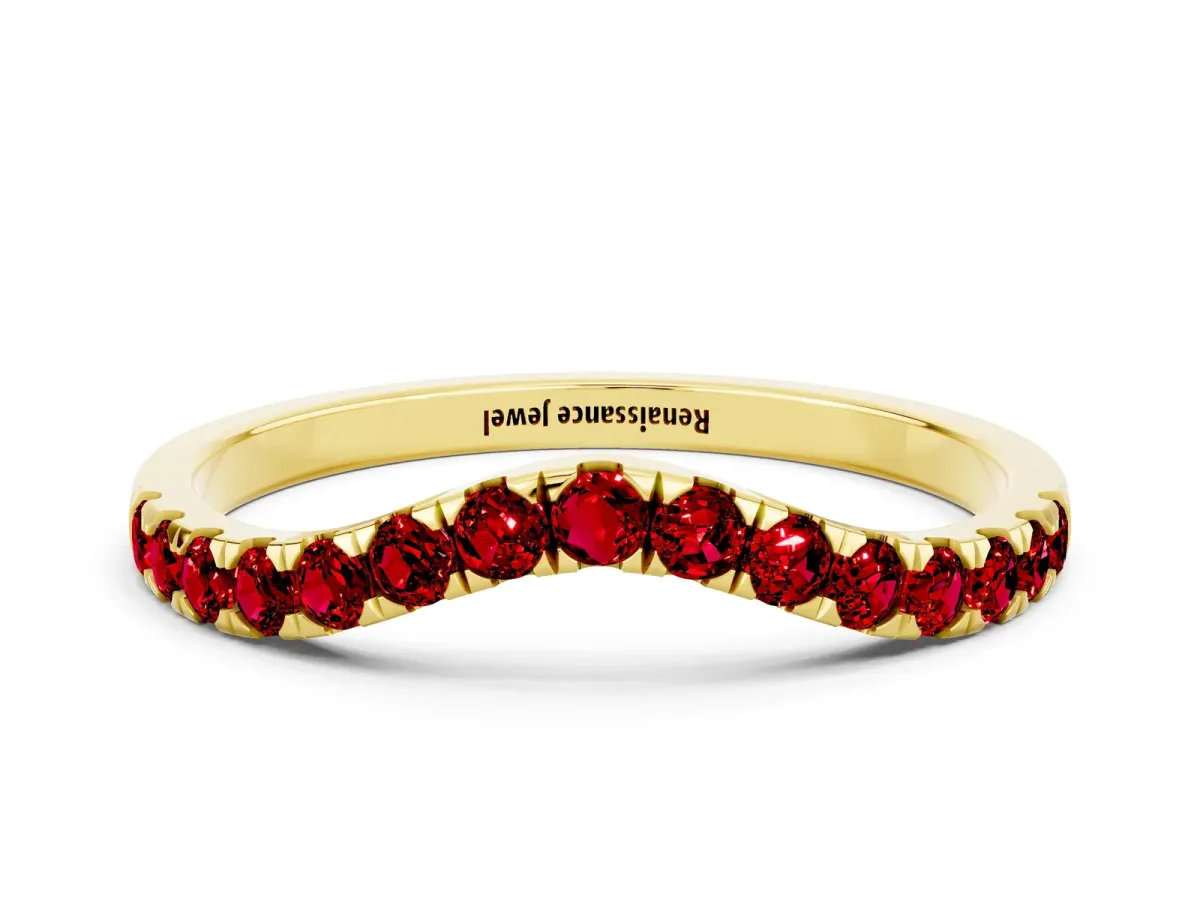 Curved Pavé Round Ruby Wedding Band with Shared Prong Setting Yellow gold
