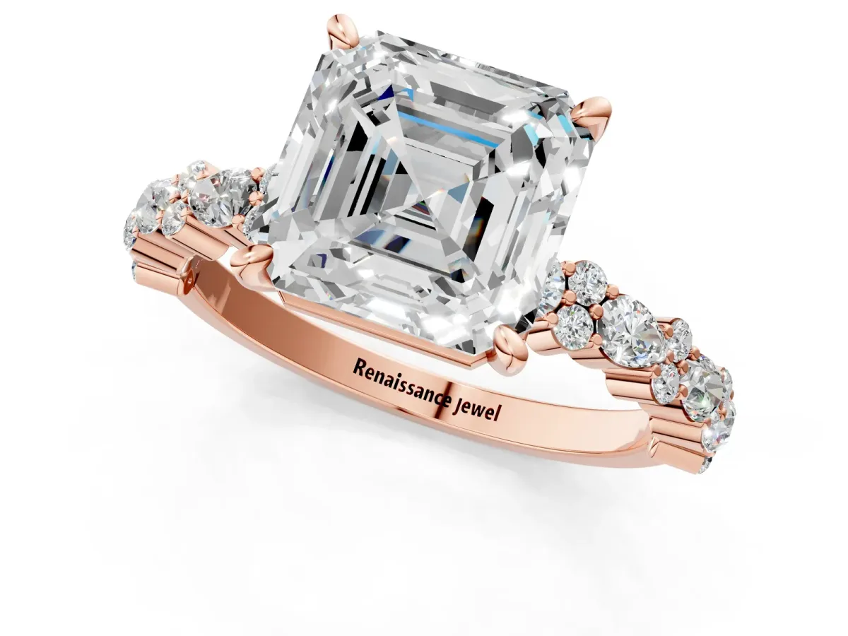Asscher Cut Diamond Side Stone Solitaire Ring with Round and Four-Prong Setting Rose gold