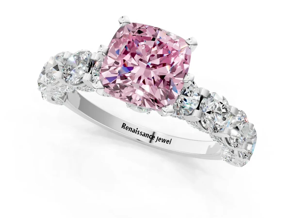 Fancy Pink Cushion Cut Diamond Side Stone Engagement Ring with Four-Prong Setting White gold