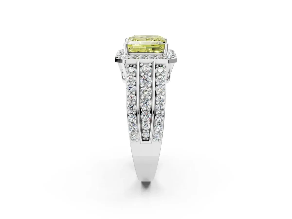 Fancy Yellow Princess Cut Halo Diamond Ring with Round Split Shank and Prong Setting Silver