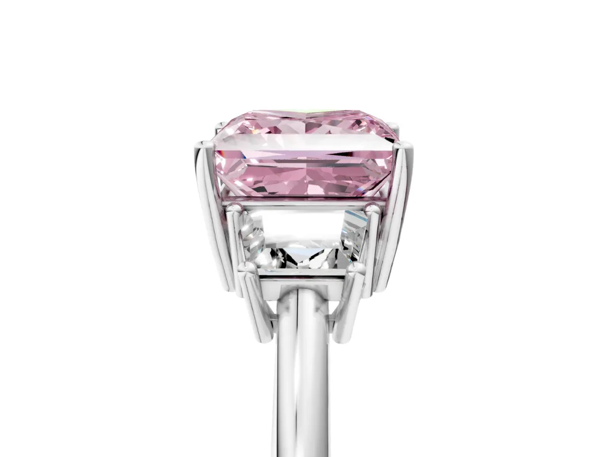 Fancy Pink Princess Cut Diamond Three-Stone Ring with Trapezoid Side Stones and Prong Setting Silver