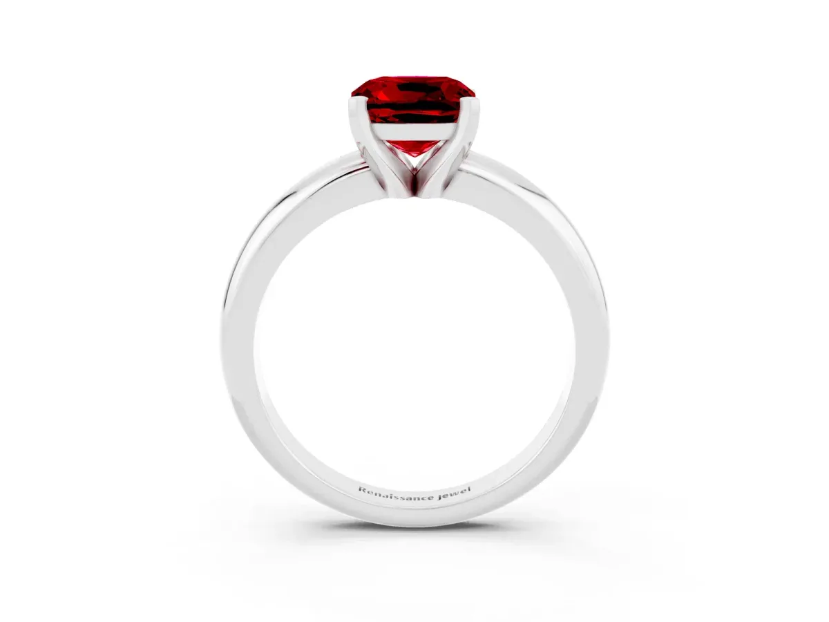 Cushion Cut Ruby Solitaire Engagement Ring with Round Band and Four-Prong Setting Platinum