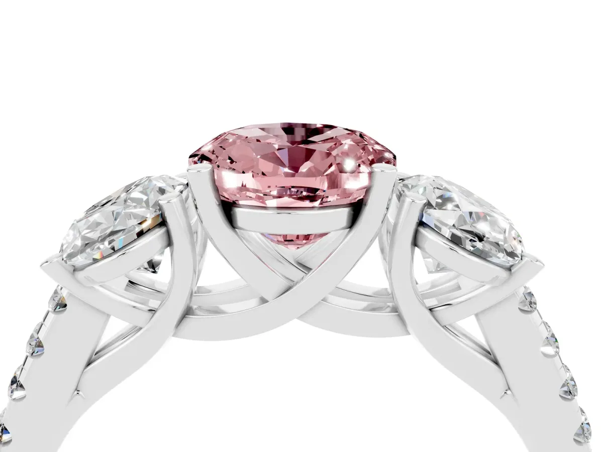 Three-Stone Oval Cut Morganite Ring with Round Pavé Band and Prong Setting Silver