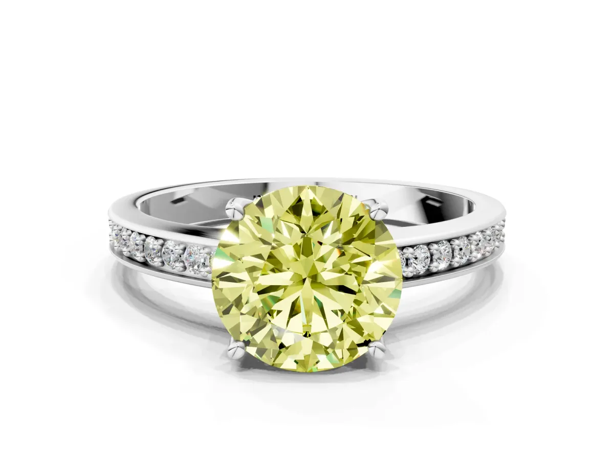 Fancy Yellow Asscher Cut Solitaire Pavé Band Prong Setting Ring Platinum