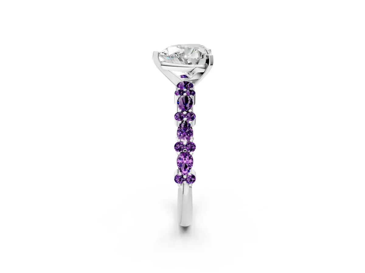 Heart Cut Diamond Side Stone Solitaire Ring with Round Amethyst and Four-Prong Setting Silver