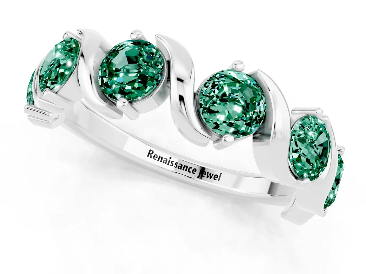 Round Green Sapphire Half Eternity Band with Wave Prong Setting White gold