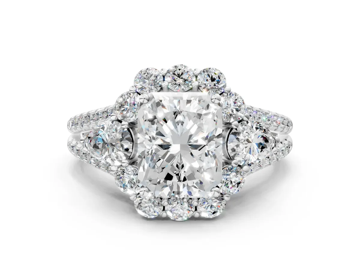 Radiant Cut Halo Split Shank Diamond Engagement Ring with Prong Setting Platinum