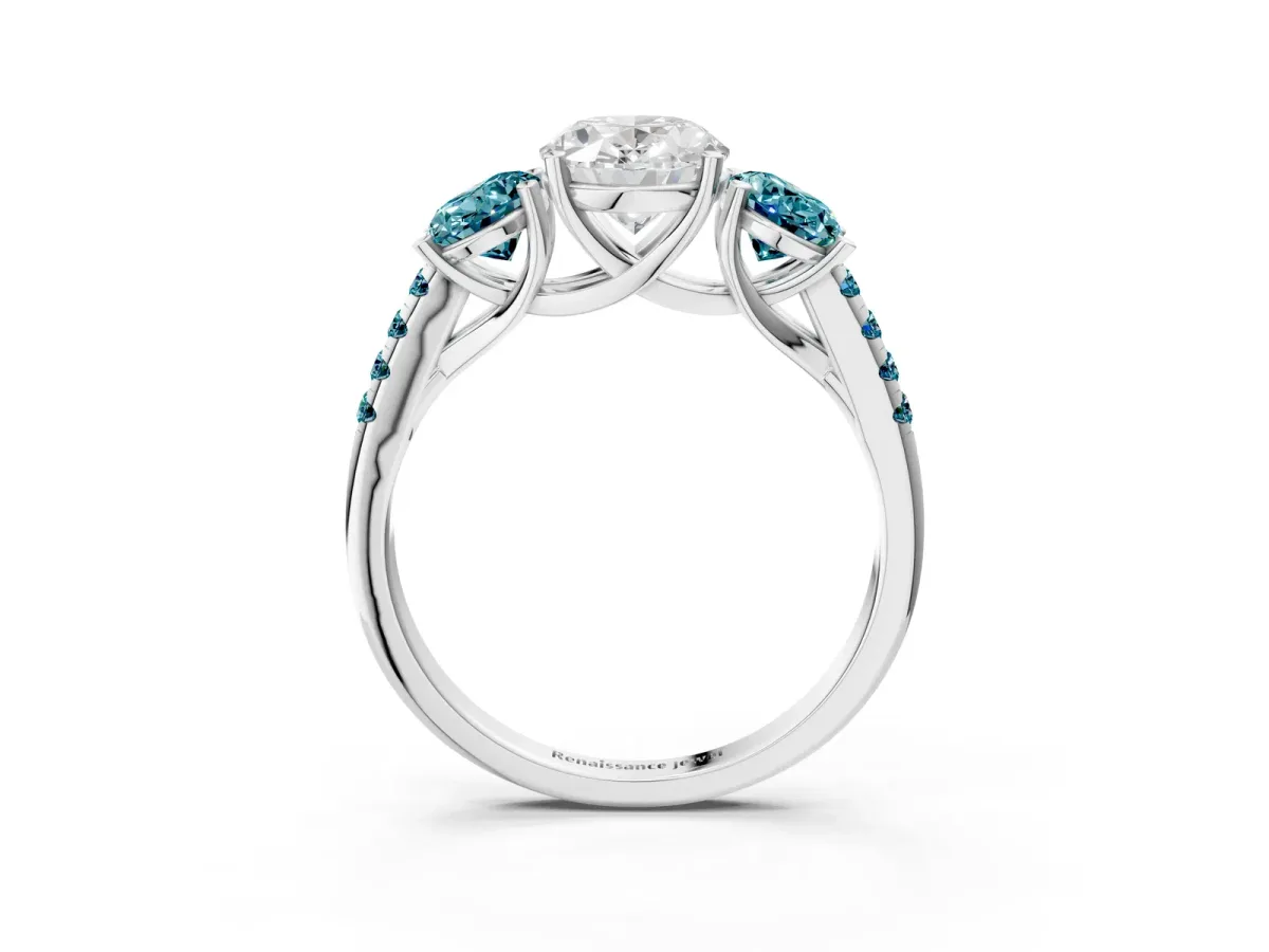 Three-Stone Oval Cut Diamond Ring with Round Blue Topaz Pavé Band and Prong Setting Silver