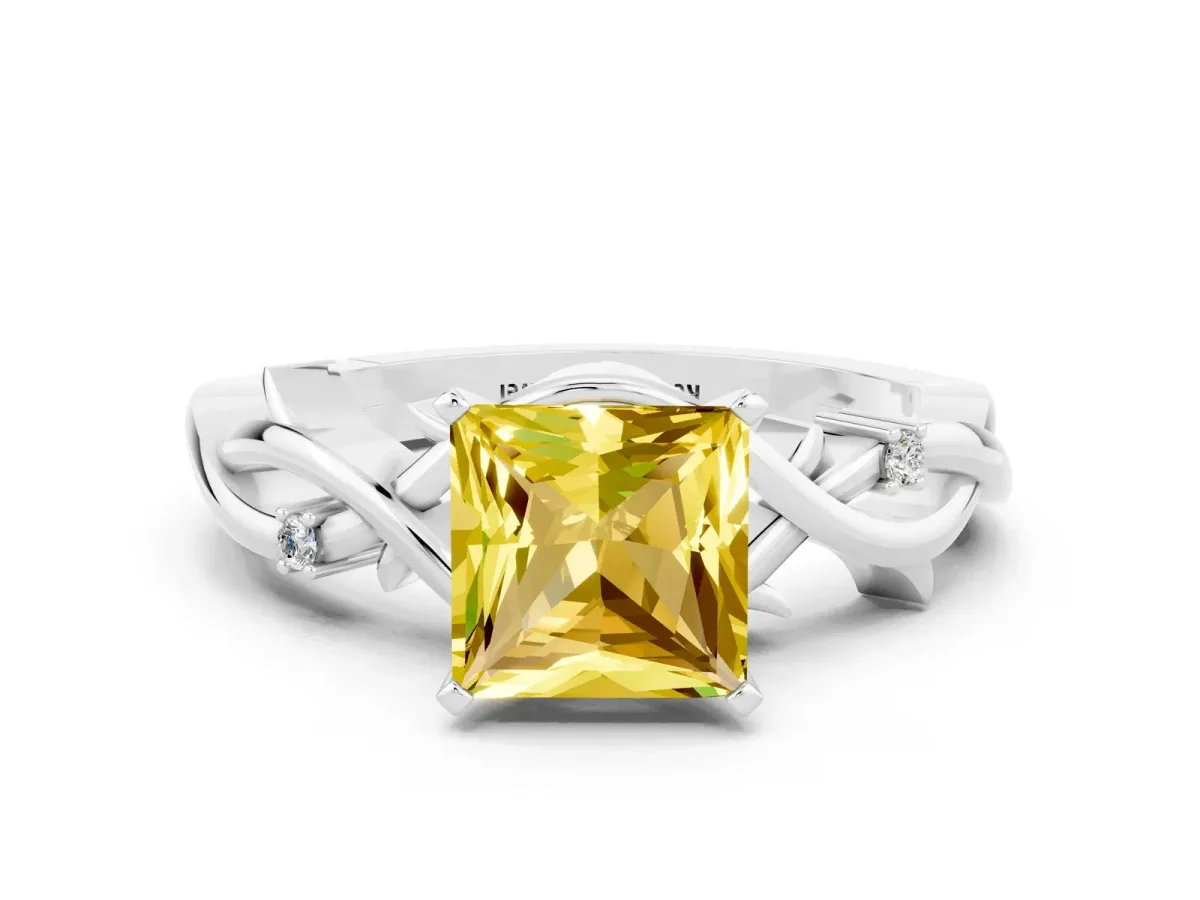 Princess Cut Yellow Sapphire Solitaire Ring with Twisted Band and Prong Setting Silver