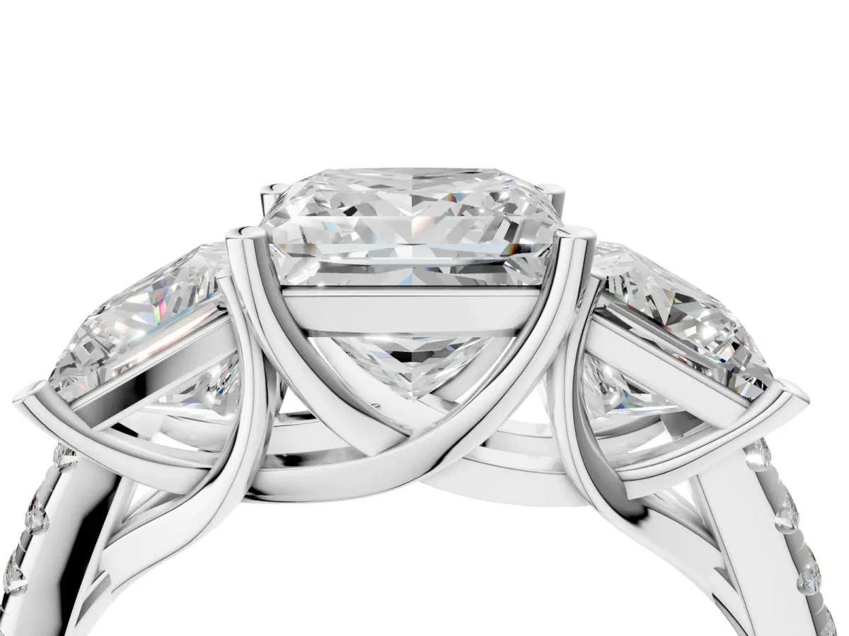 Three-Stone Princess Cut Diamond Ring with Round Pavé Band and Prong Setting Platinum
