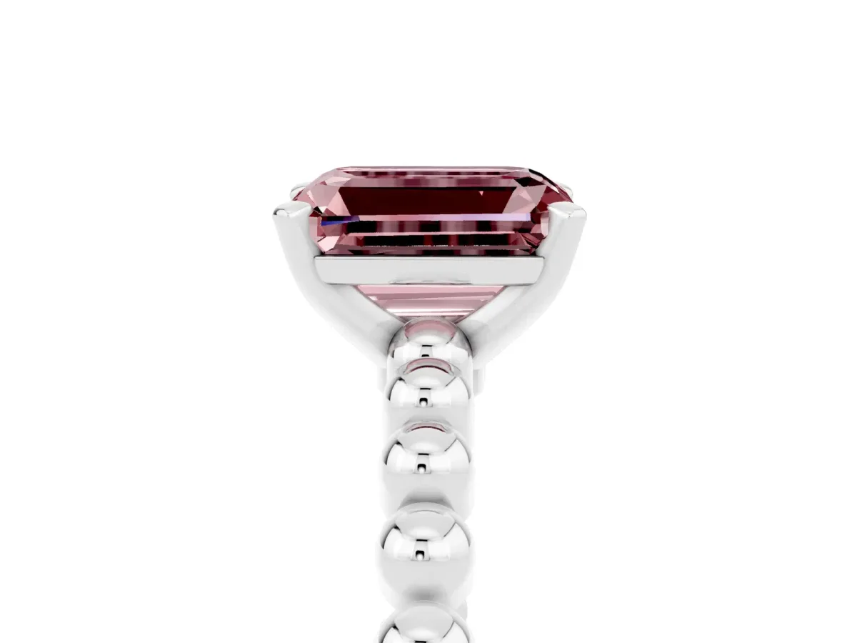 Emerald Cut Morganite Solitaire Ring with Beaded Band and Prong Setting Silver