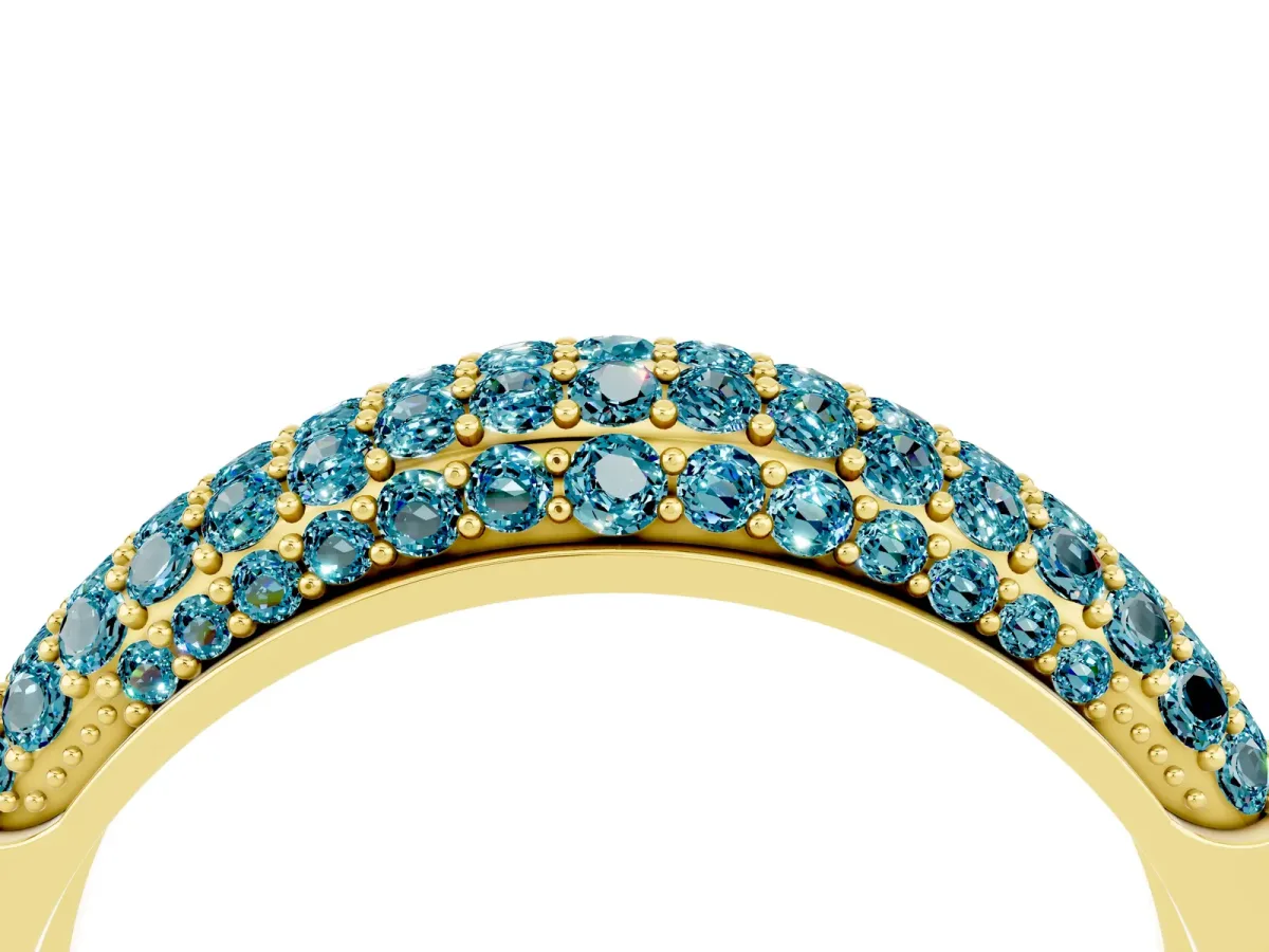 Three-Row Pavé Round Blue Topaz Dome Band Yellow gold