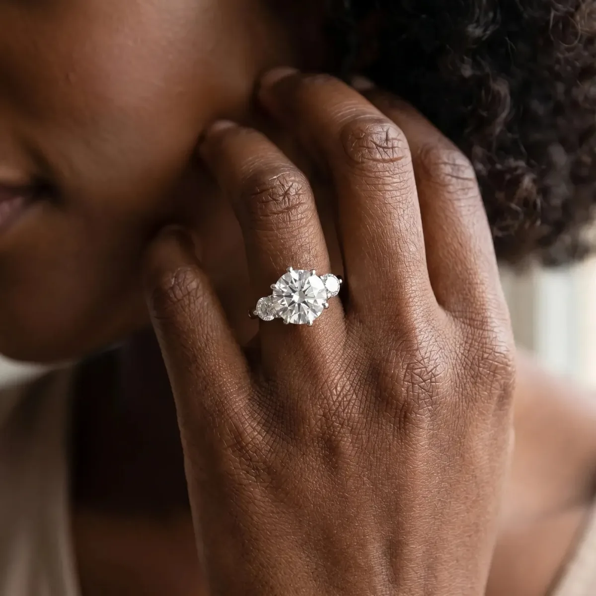 Three-Stone Round Cut Cut Solitaire Diamond Ring with Prong Setting Silver