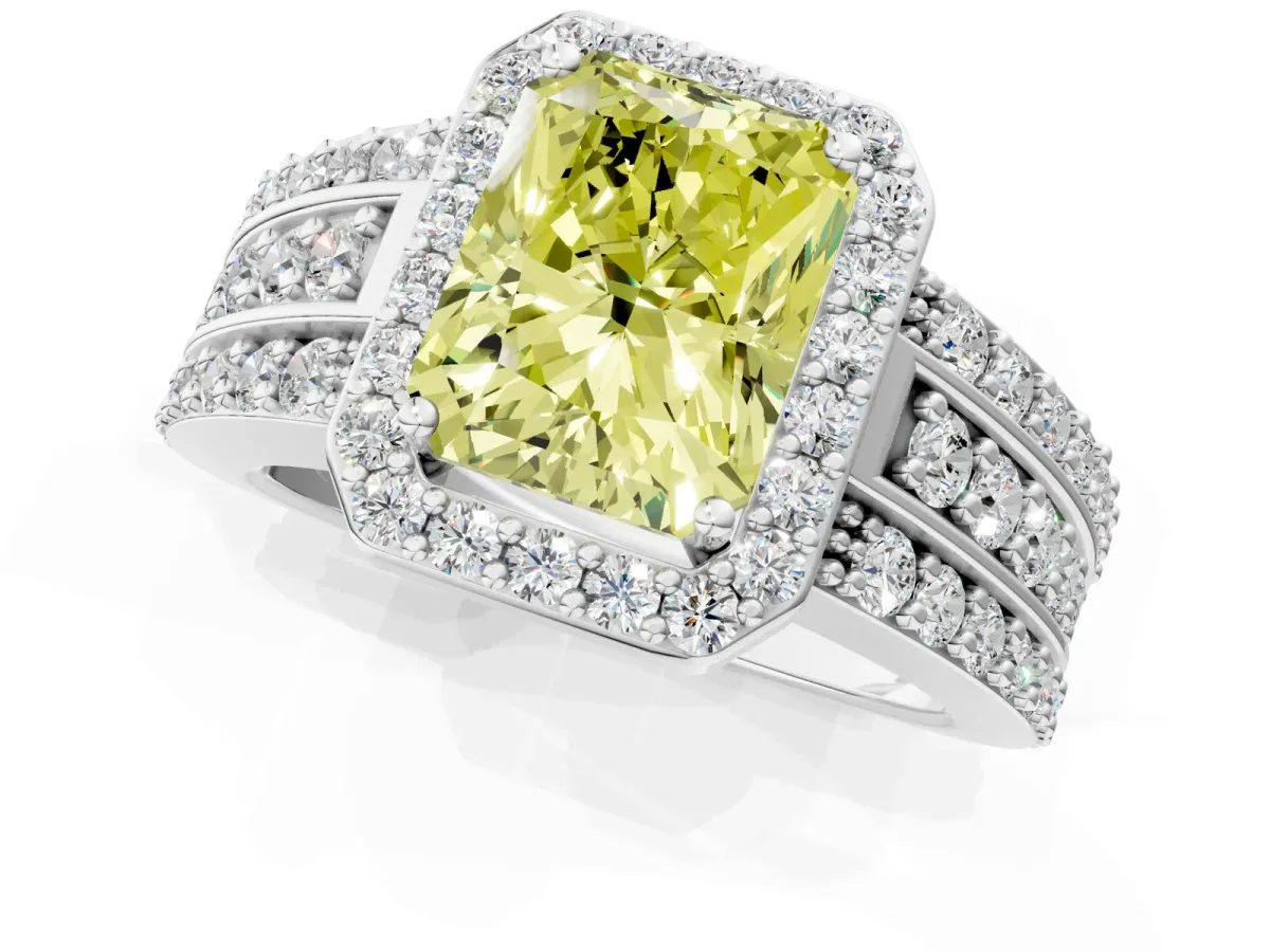 Fancy Yellow Radiant Cut Halo Diamond Ring with Round Split Shank and Prong Setting Silver