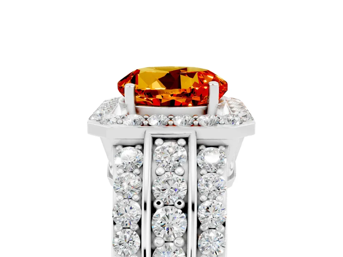 Round Cut Halo Citrine Ring with Round Split Shank and Prong Setting Platinum