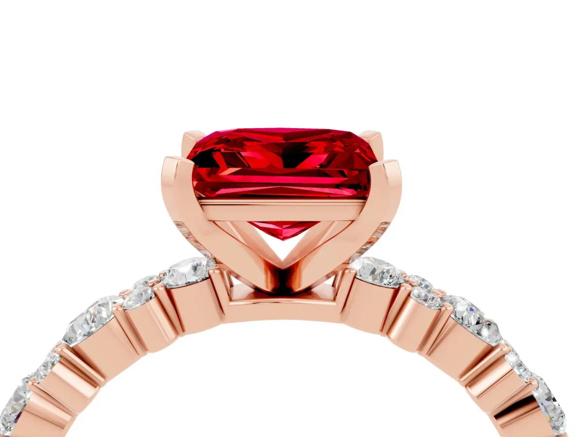 Princess Cut Ruby Side Stone Solitaire Ring with Round and Four-Prong Setting Rose gold