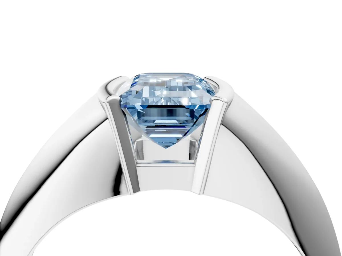 Fancy Blue Emerald Cut Solitaire Tension Set Diamond Ring Platinum