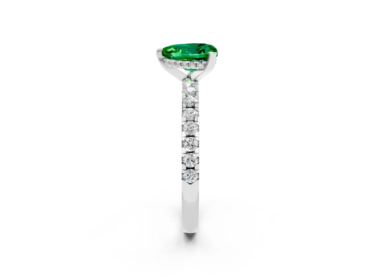 Heart Cut Emerald Solitaire Ring with Round Pavé Band and Four-Prong Setting Silver