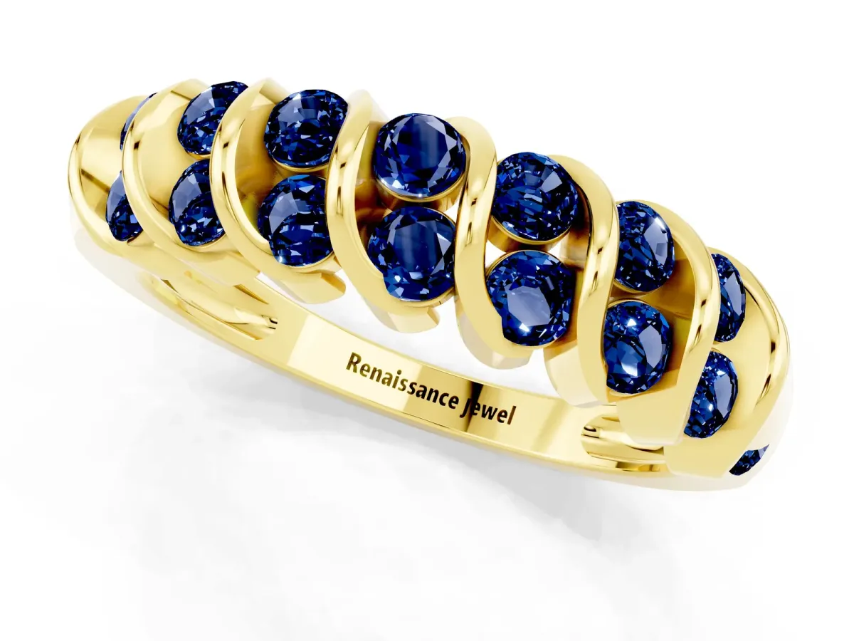 Channel Set Round Blue Sapphire Multi-Row Band Yellow gold