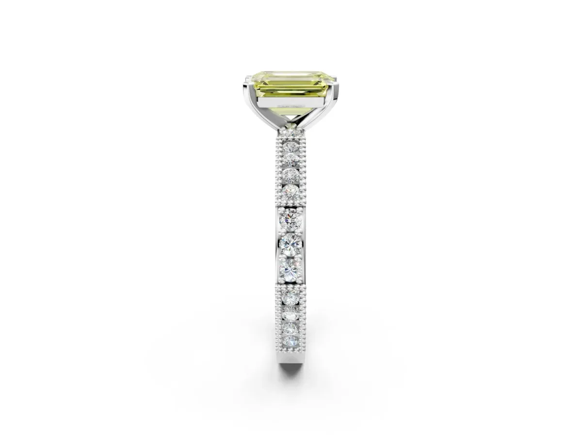 Fancy Yellow Emerald Cut Solitaire with Pavé Band and Four-Prong Setting Silver