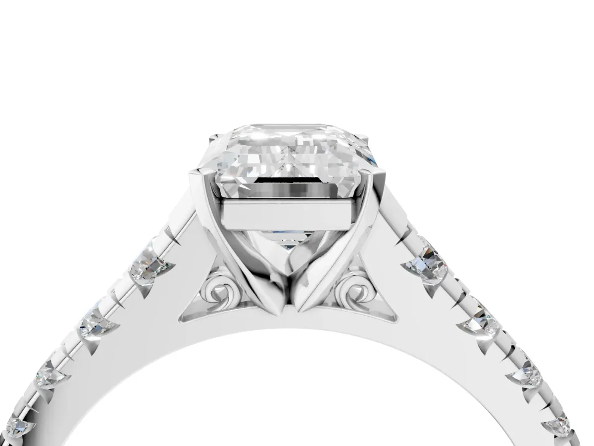 Emerald Cut Diamond Cathedral Solitaire Ring with Round Pavé Band Platinum