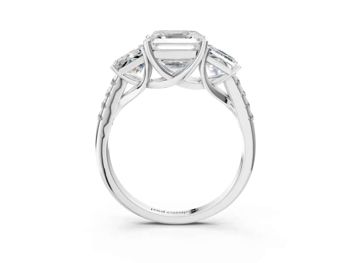 Three-Stone Asscher Cut Diamond Ring with Round Pavé Band and Prong Setting White gold