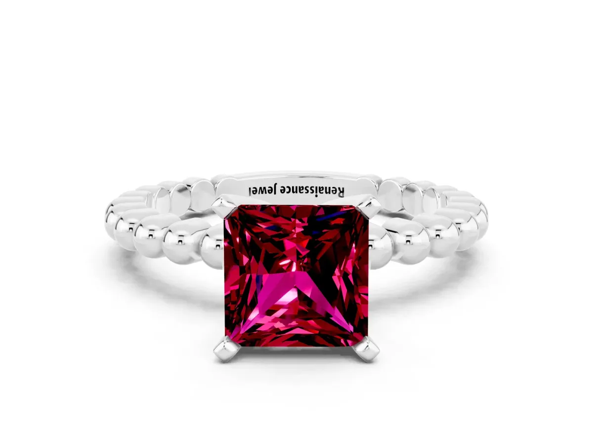 Princess Cut Garnet Solitaire Ring with Beaded Band and Prong Setting Platinum