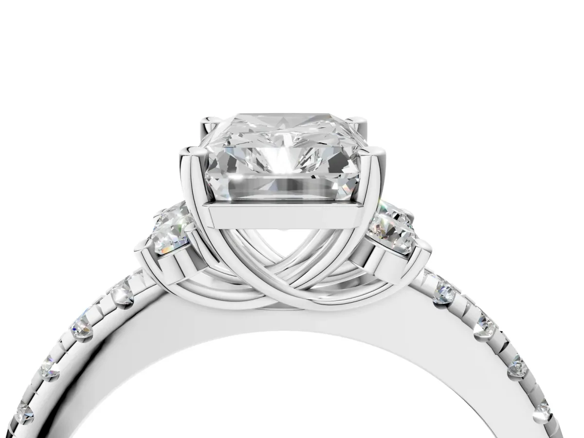 Radiant Cut Diamond Three-Stone Pave Band with Four-Prong Setting Platinum