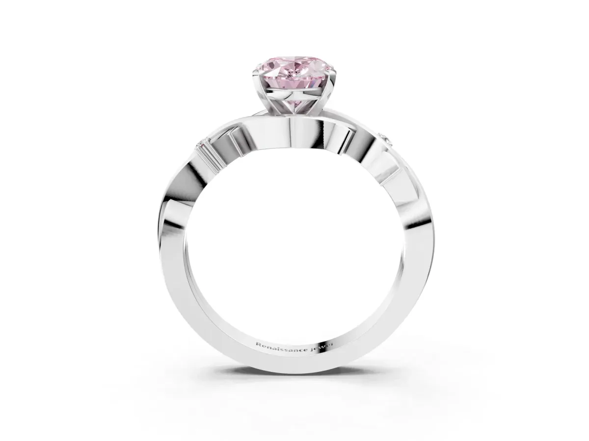 Fancy Pink Oval Cut Diamond Solitaire Ring with Twisted Band and Prong Setting Silver