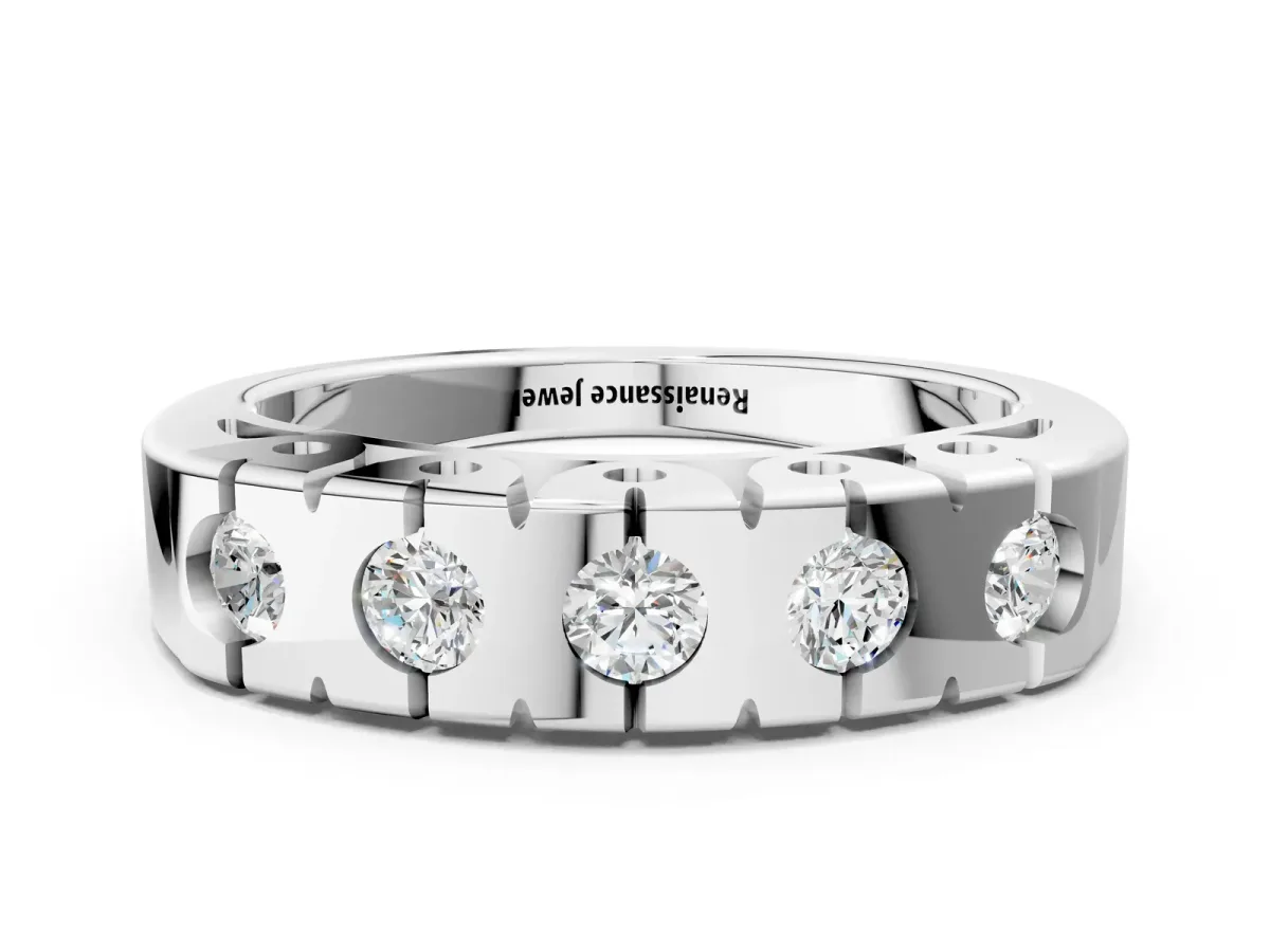 Channel Set Round Diamond Flat Band with Prong Setting Silver