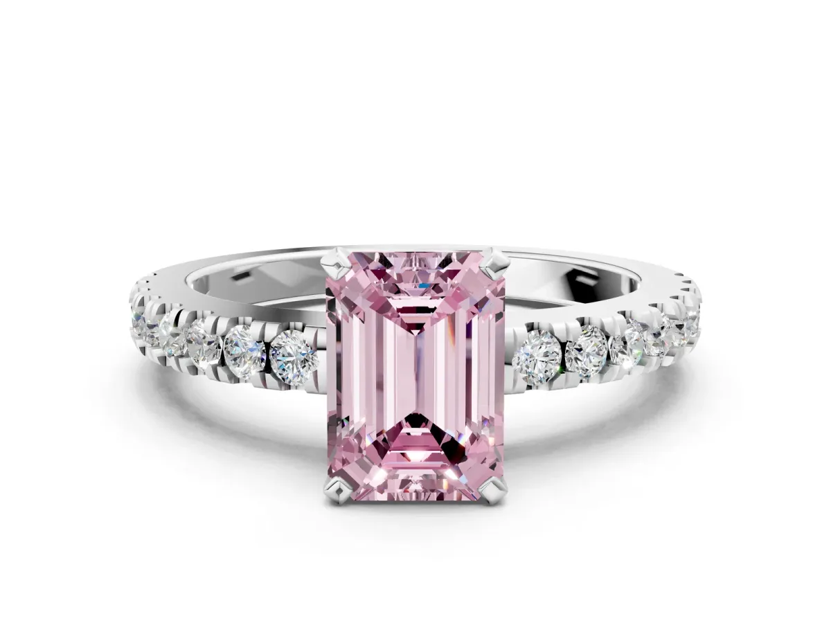 Fancy Pink Emerald Cut Solitaire Diamond with Pavé Band and Four-Prong Setting Silver