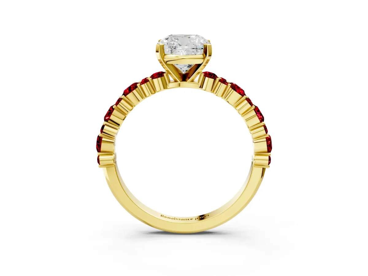 Cushion Cut Diamond Side Stone Solitaire Ring with Round Ruby and Four-Prong Setting Yellow gold