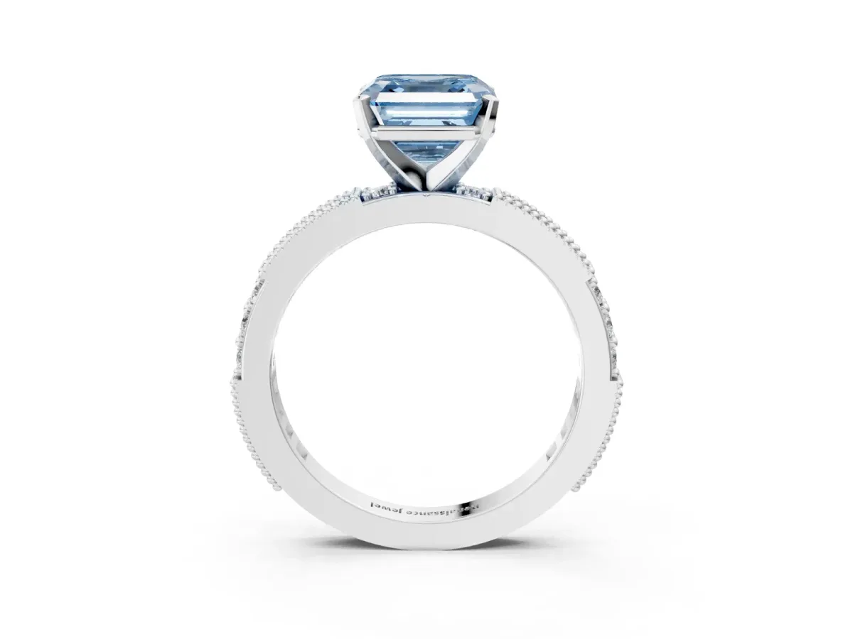 Fancy Blue Asscher Cut Solitaire with Pavé Band and Four-Prong Setting Silver