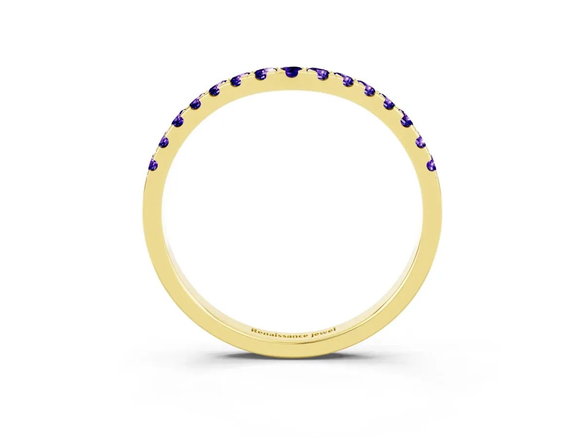 Curved Pavé Round Tanzanite Wedding Band with Shared Prong Setting Yellow gold
