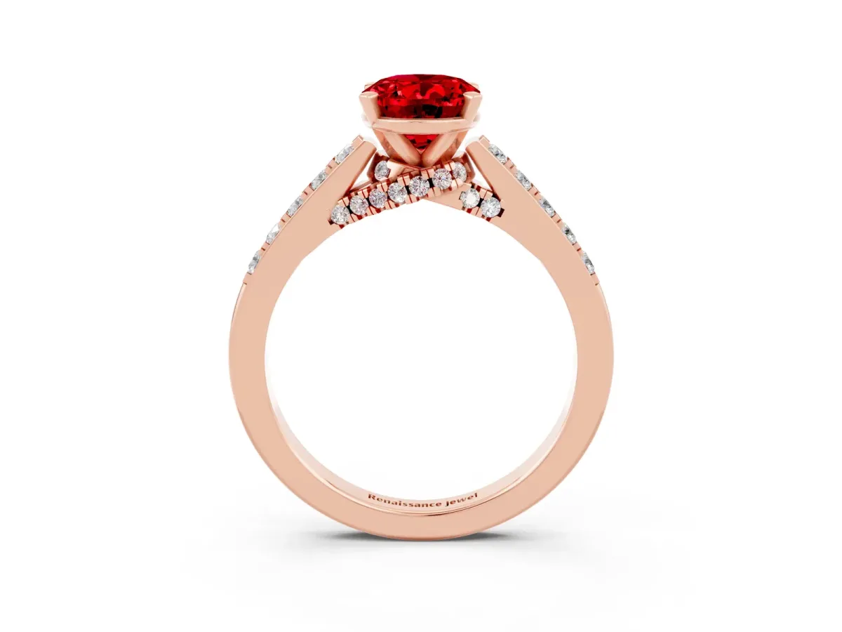 Oval Cut Ruby Solitaire Ring with Crossover Gallery and Round Pavé Band Rose gold