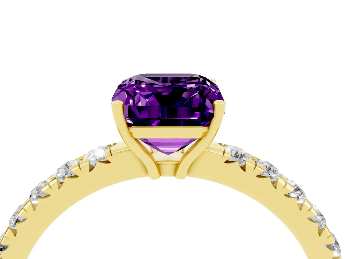 Emerald Cut Amethyst Pavé Solitaire Engagement Ring with Four-Prong Setting Yellow gold
