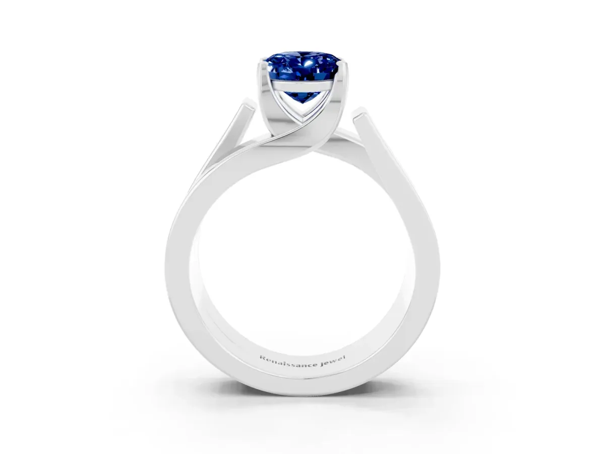 Modern Tension Set Oval Cut Blue Sapphire Solitaire Wide Band Ring Silver