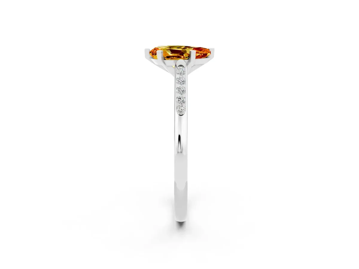 Pear Cut Citrine Solitaire Ring with Channel Set Round Band and Prong Setting Silver