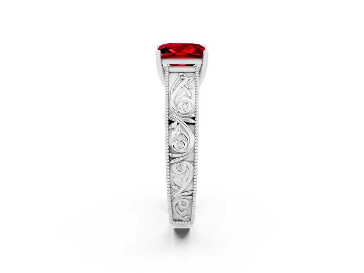 Princess Cut Ruby Solitaire Ring with Engraved Band and Four-Prong Setting White gold