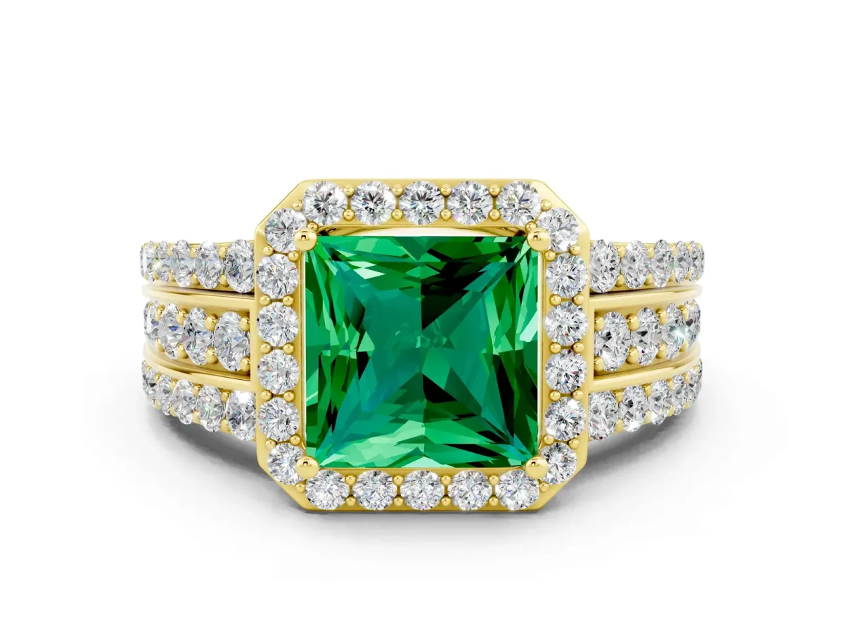 Princess Cut Halo Emerald Ring with Round Split Shank and Prong Setting Yellow gold
